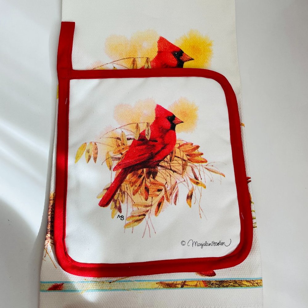 Fiddler’s Elbow Vintage Towel & Pot Holder Cardinal Print Set Sealed NEW